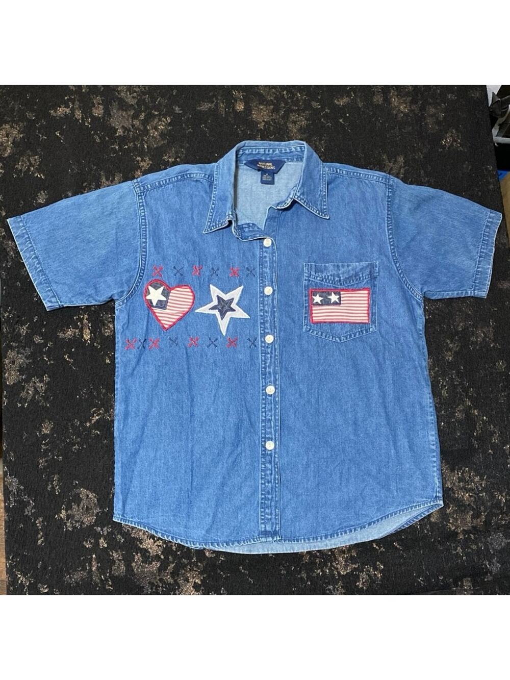 July 4th USA Flag Freedom Denim Shirt Button Up Cotton Natural Impressions M